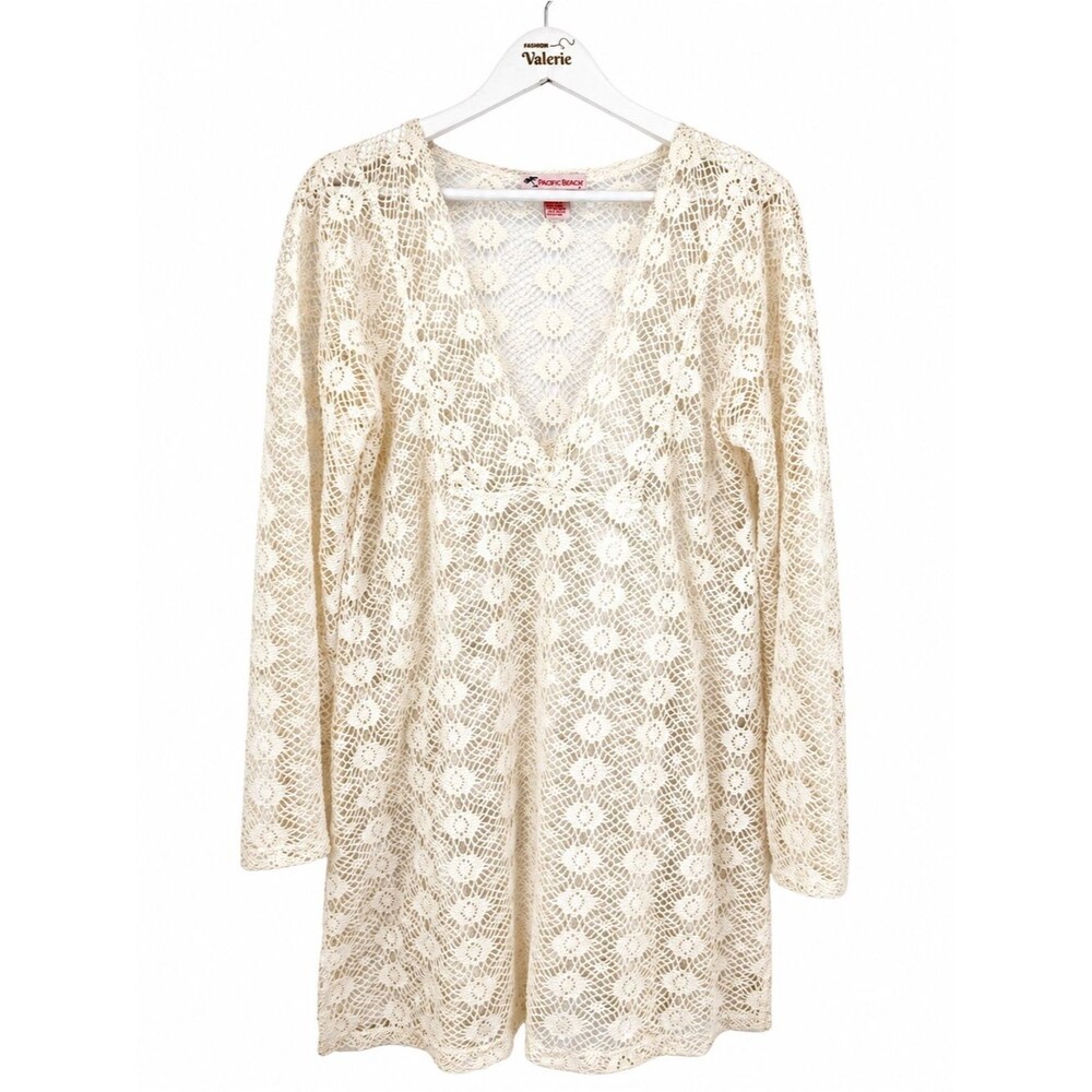 Pacific Beach Cream Swim Coverup Crochet Lace Sheer Long Sleeve Mini Large Boho